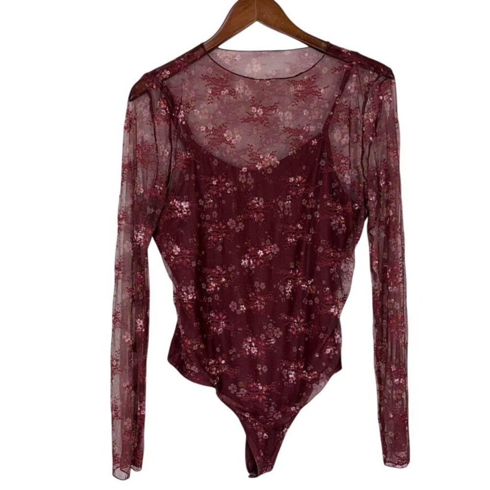 Madden NYC Womens Bodysuit Large Burgundy Sheer Mesh Floral Long Sleeve Thong
